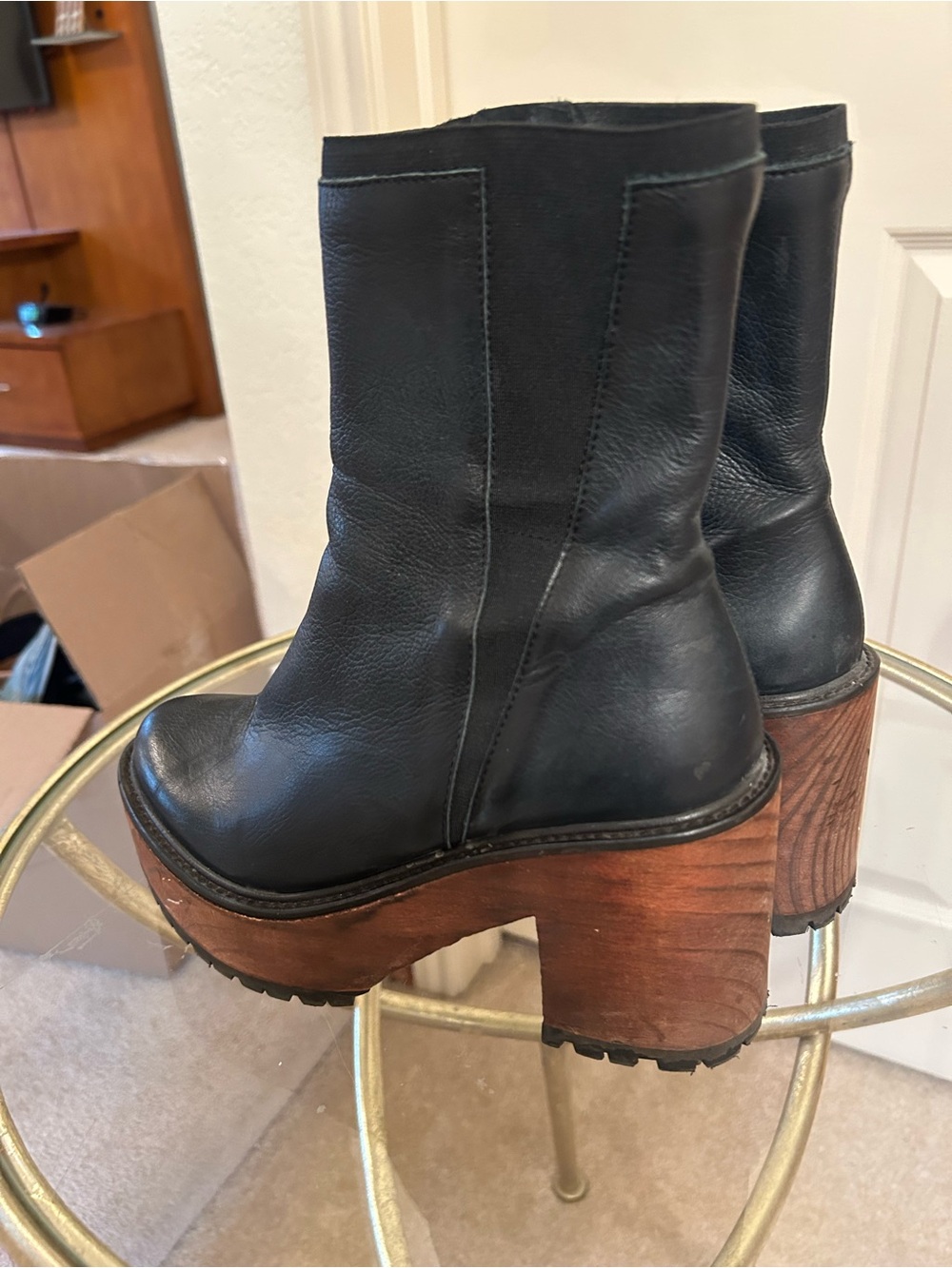 Free People Black Leather Platform Ankle Boots with Wood-Look Lug Sole - Picture 2 of 4